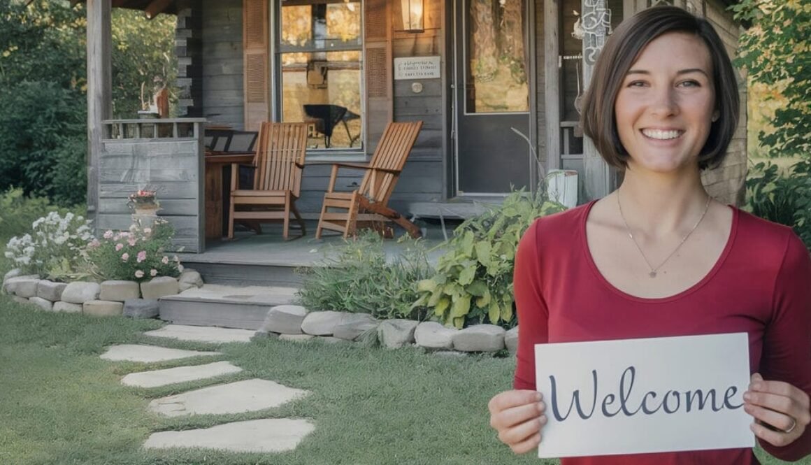 a woman holding a sign in front of a house