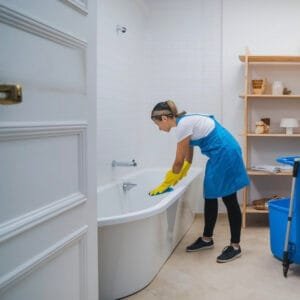 Professional cleaning service ensuring a spotless bathroom for effective Airbnb property management.