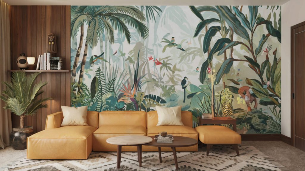 A cozy Airbnb living room with a tropical jungle vibe: Perfect Airbnb design hacks for a lush and inviting space.